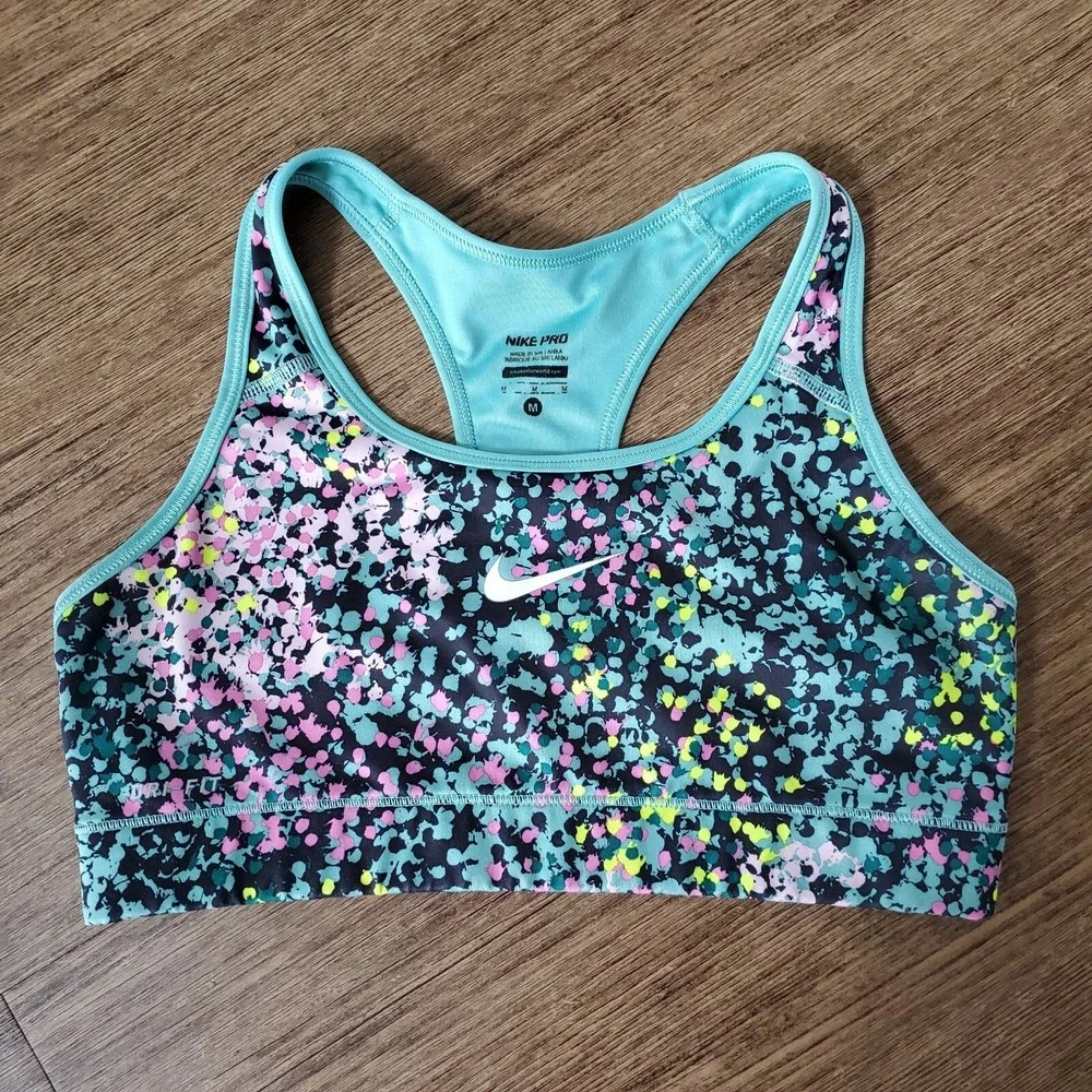 NIKE Pro Blue Splattered ‎ Paint Racerback Swoosh Sports Bra Size M  Medium